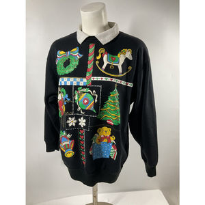 VTG Karen Blake Black M Ugly Christmas Sweatshirt Grandma Collar Bear Puffy